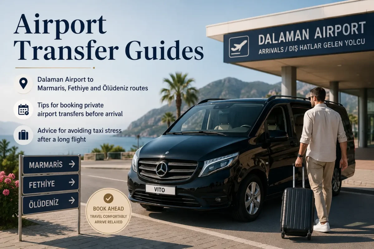 Dalaman Airport transfer guide with private Mercedes Vito, routes to Marmaris, Fethiye and Ölüdeniz, and tips for booking before arrival.