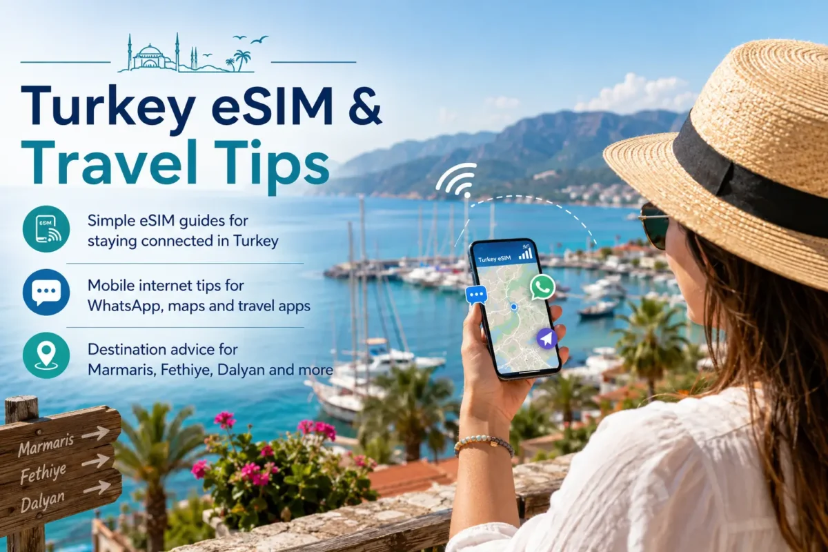 Turkey eSIM travel tips for staying connected with WhatsApp, maps and mobile internet while visiting Marmaris, Fethiye and Dalyan.